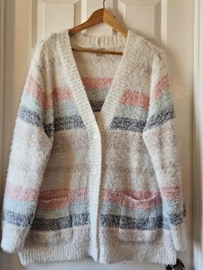 Christopher & Banks Pastel Striped Eyelash Knit Button Cardigan Sweater Size 2X